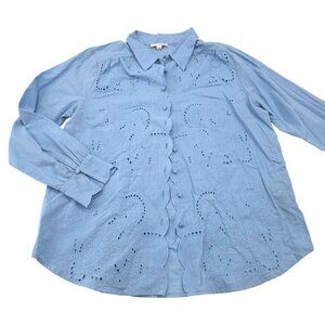 Jennifer & Grace Light Blue Eyelet Button-Up Cotton Blouse Women's size Medium‎